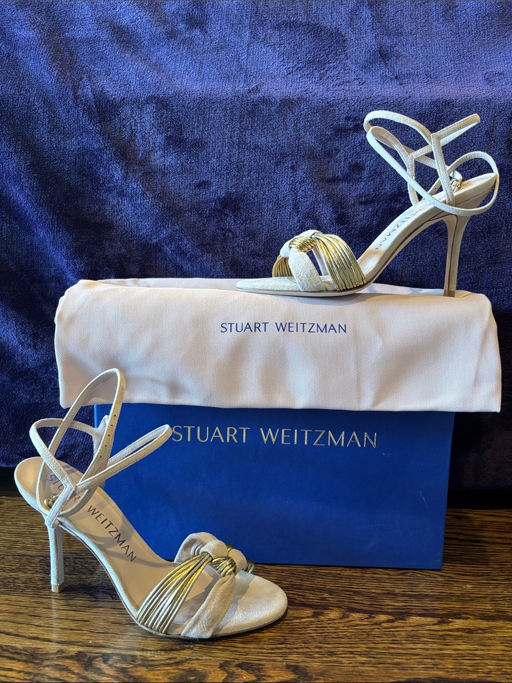 Stuart Weitzman Metallic Gold Suede Multi-Strap Stiletto Sandals